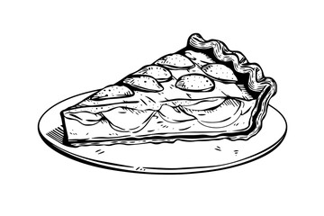 Piece of apple pie hand drawn engraving style vector illustration. - obrazy, fototapety, plakaty