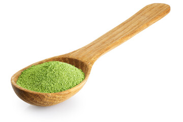 Wooden spoon with powdered matcha green tea isolated on white background. With clipping path.