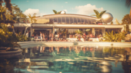 Fototapeta na wymiar blurred villa or hotel with swimming pool and people, luxury, fictional location