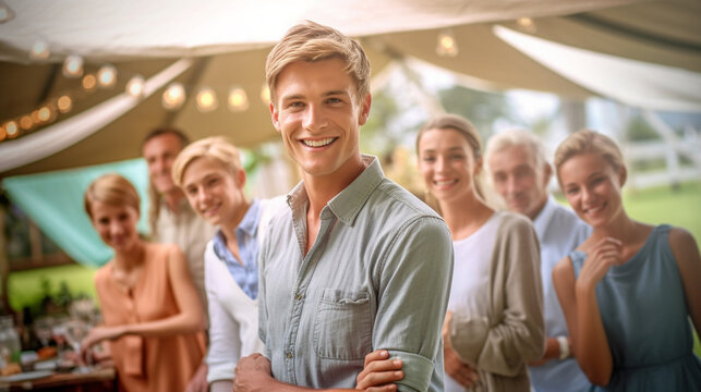 young adult male with friends, group and circle of friends, garden party or BBQ grill, family or friends, caucasian, fictional location