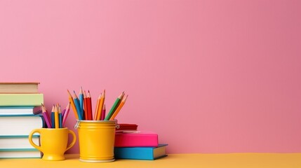 Fototapeta premium Different colorful stationery on the table. Banner design. Generative AI
