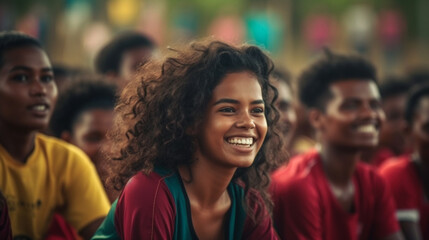 Fototapeta premium young adult woman and women and men sport club, soccer players, black, jersey, fun joy, waiting, soccer match, championship, group and team