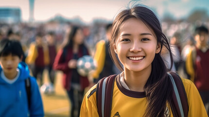 young adult woman or teenage girl, outside with many people, summer, city park or leisure or tourism, crowds of people, fun and joy, fictional place