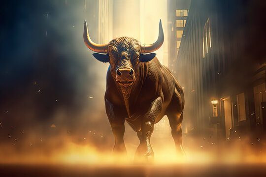 A bull in the financial center. AI technology generated image