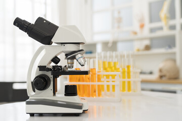 Glasswares objects and microscope in laboratory. Science and education. Scientific experiment, Researcher, Research concept