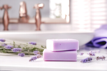 Obraz na płótnie Canvas Handmade organic lavender soap in a trendy bathroom with beautiful light. Trendy design. Generative Ai content.