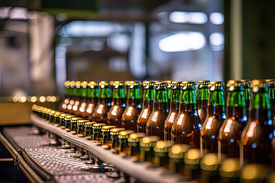 Glass bottles on the conveyor belt of the beverage production line. AI technology generated image