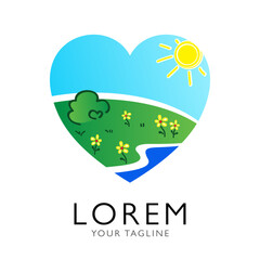 Naklejka premium Landscape Heart Logo design. Green Nature Farm template. Vector illustration