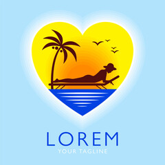 Summer Sunset Heart Girl Palm. Beach logo design. Vector illustration