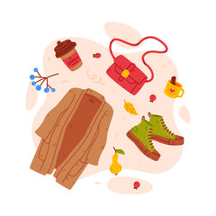 Warm Autumn Clothes and Bright Accessory Vector Composition