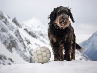 Balancing Act: Black Russian Terrier with Soccer Ball on Mount Everest