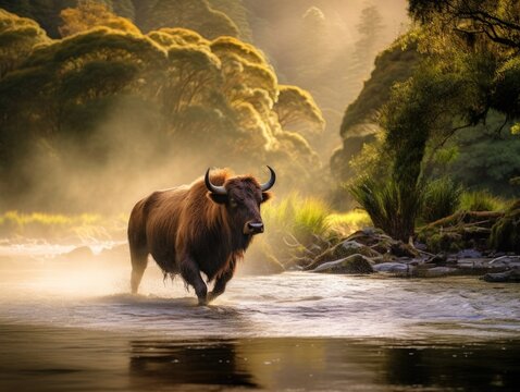 Graceful Beefalo Leaping in Fiordland Park
