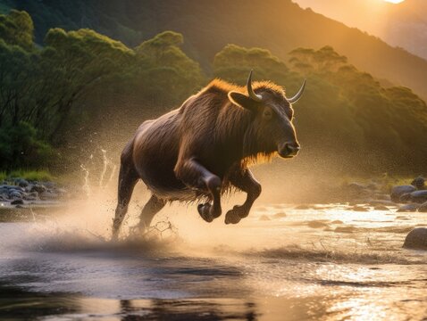 Stream-Jumping Beefalo in Fiordland National Park.