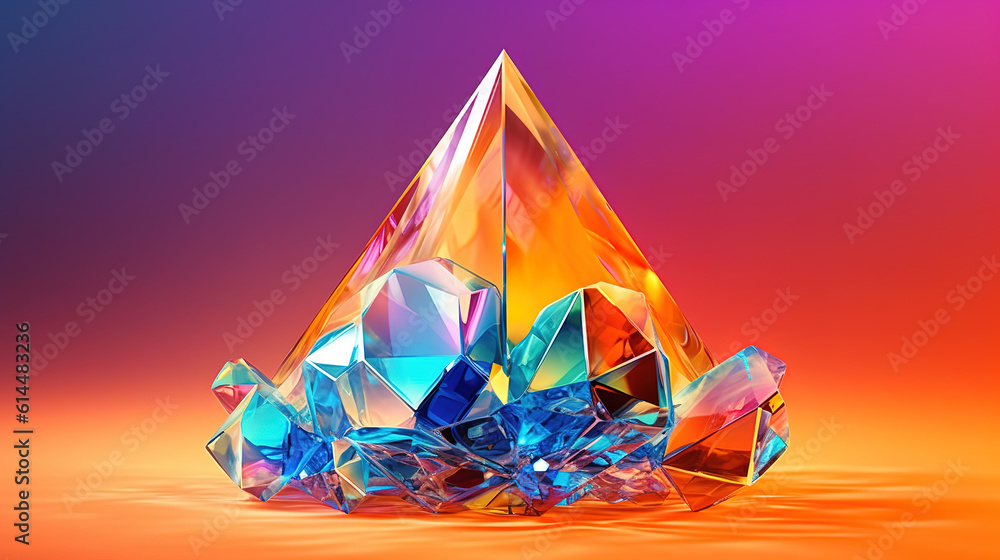 Poster a piece of white clear crystal with triangular elements. generative ai