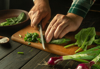 Slicing spinach leaves for a diet salad for lunch. The hands of the cook are preparing a salad of spinach and fresh vegetables on a kitchen board
