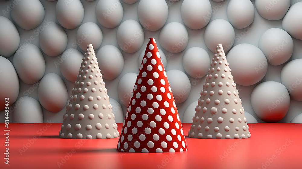 Poster three dimensional render of red and gray cones laid on polka dot pattern. generative ai