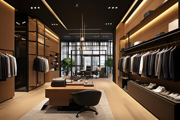 Business men's suit store indoor. AI technology generated image