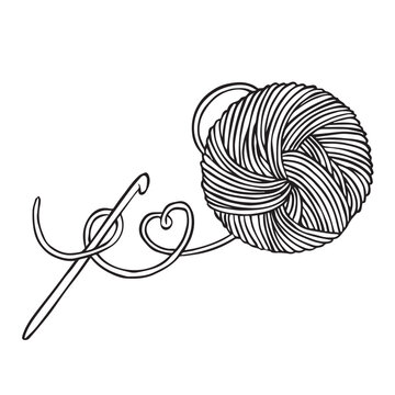 vector drawing in doodle style. a ball of wool and a hook. knitting, crochet, hobby