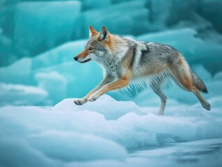 Fototapeta premium Northern Lights Chase: Golden Jackal on Glacier