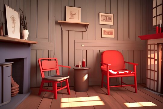 interior with fireplace with old red chair. 3d illustration , 8k - generative ai