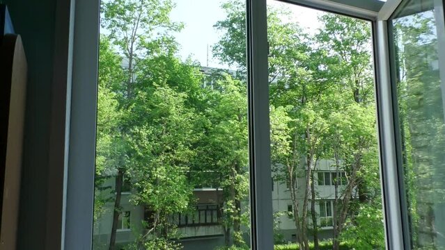 View from an open window from a height on a green landscape courtyard.  Summer mood a look outside at nature and at home.