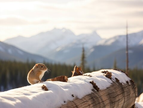 Curious Vole Gazing at Snow-Capped Mountains