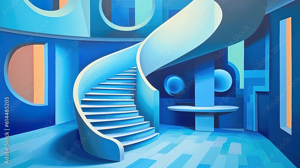 Poster abstract space with stairs and curved shapes in blue. generative ai