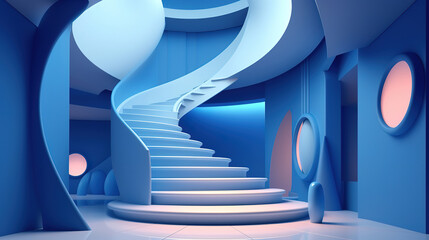 Spiral staircase in front of blue sky with copy space. Generative Ai