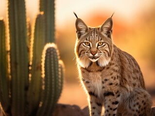 Obraz premium Cactus Perch: Majestic Bobcat in the Desert
