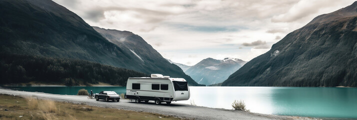 Travel trailer camping by the lake in the mountains, Generative AI