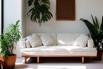 Interior with wooden sofa , carpet Sofa next to countertop with plants. Realistic photography - generative ai
