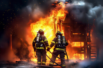 Fototapeta na wymiar Firefighters extinguishing the fire at the scene. AI technology generated image