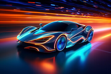 A high-speed sports car driving at night. AI technology generated image