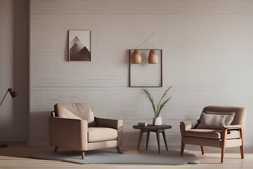 minimalist interior background with brown armchair and rustic décor Canvas mockup , floral background - generative ai