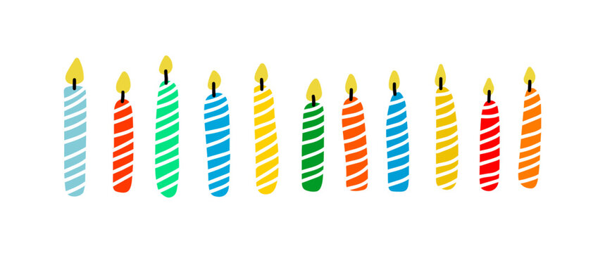 Set of cute birthday candles with flame. Striped candles hand drawn vector illustration.