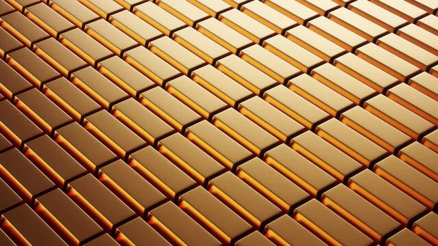 Gleaming Copper: Camera Glides Alongside a Pile of Rose Gold Copper Bars - Elegant Video Background