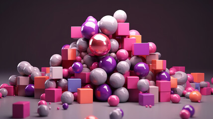 colorful geometric shapes of white spheres on square form on pink floor against violet. Generative Ai