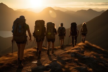 A close - up photo of a group of hiker tourists walking along a mountain ridge at sunset. Generative AI
