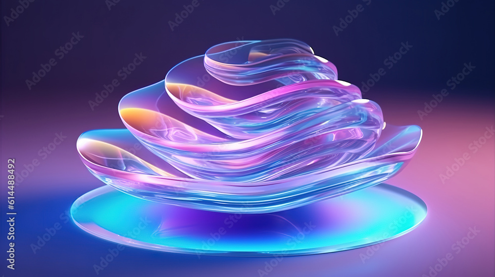 Poster iridescent crystal composition of wavy curvy glass disks 3d render. generative ai