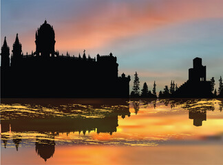 Fototapeta na wymiar castle and reflection at orange sunset