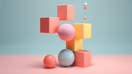 Three dimensional render of pastel colored cubes and floating sphere. Generative Ai - obrazy, fototapety, plakaty