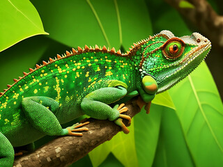 Fototapeta premium Green colored chameleon close up. Generative AI Close up of a Cape Dwarf Chameleon on a Rosemary bush Multicolor photo