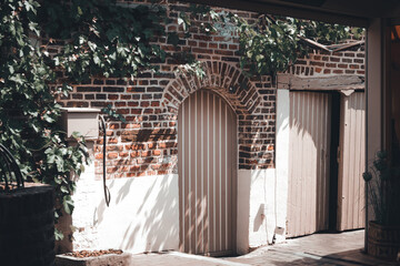 The facade of a typical tenement house. Antique door, retro door. Old place with a door. Shrubs growing on the wall with the old door