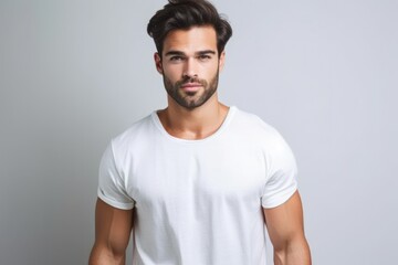 Fototapeta premium Portrait of a muscular handsome guy wearing a plain t-shirt, isolated on a pastel background. Generative AI illustration.