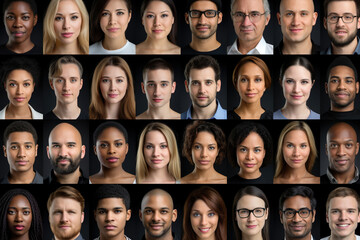 Obraz premium Collage of many multiracial people. Different age and ethnicity headshot portraits. AI