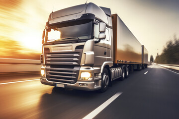 A close - up photo of a modern lorry in motion on a empty highway. Generative AI