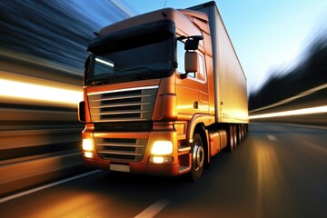 A close - up photo of a modern lorry in motion on a empty highway. Generative AI