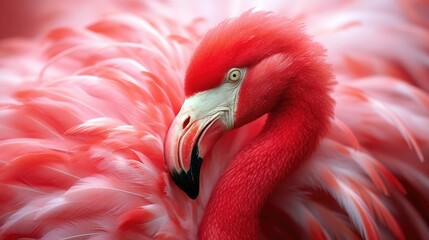 A striking close-up of a vibrant pink flamingo, its elongated neck and feathery plumage.
