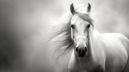 Obraz na płótnie Canvas Majestic white horse, its flowing mane and powerful gaze.