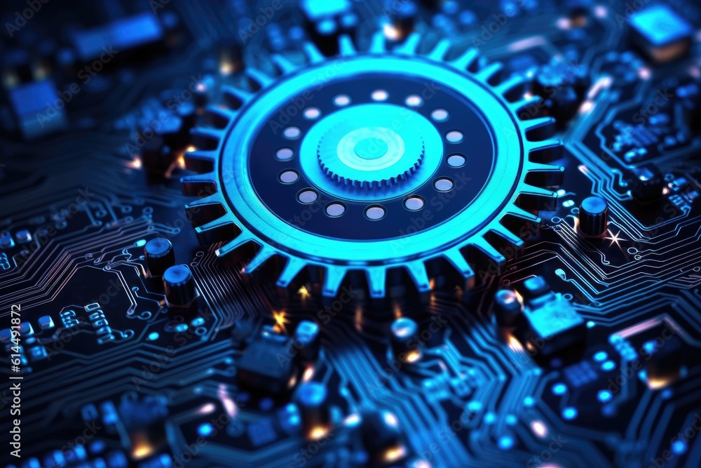 Poster a close - up photo that illustrates the concept of abstract futuristic digital technology and engine